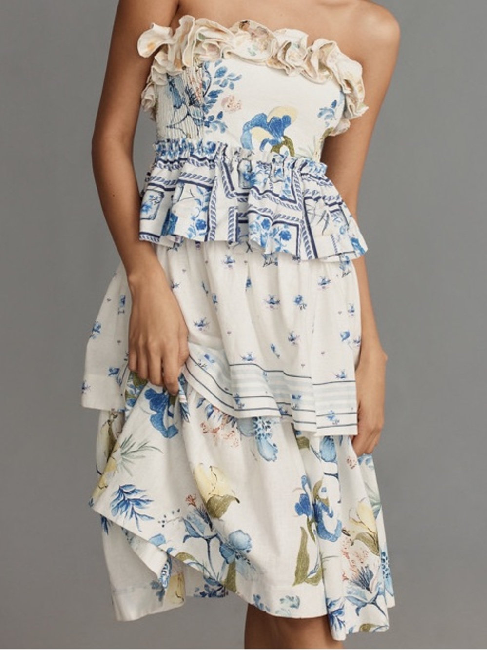 Maeve Anthropologie Linen Strapless Ruffle Tiered Floral Dress L - Picture 5 of 12